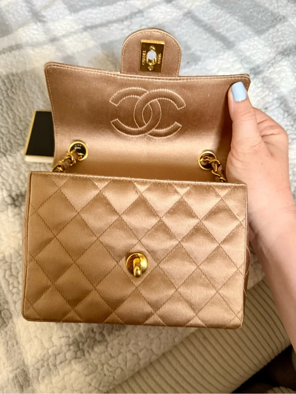 Chanel Quilted Gold Satin Mini Square Classic Single Flap Bag
